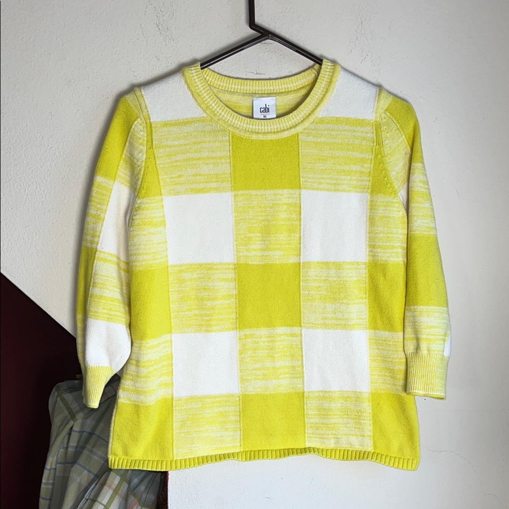 CAbi Yellow and White Plaid Crew 3/4 Sleeve Sweater S